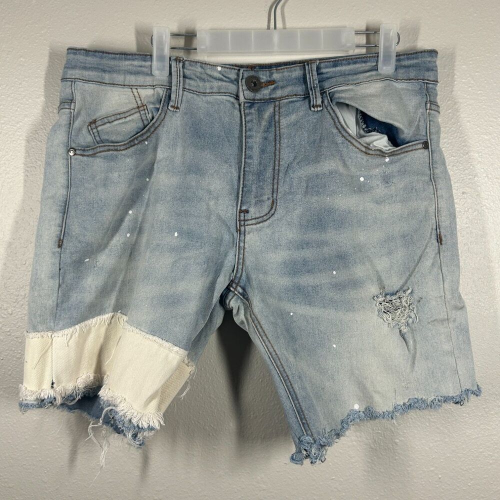 Kdnk Mens Distressed Shorts Light Wash Paint Splatter Raw Hem